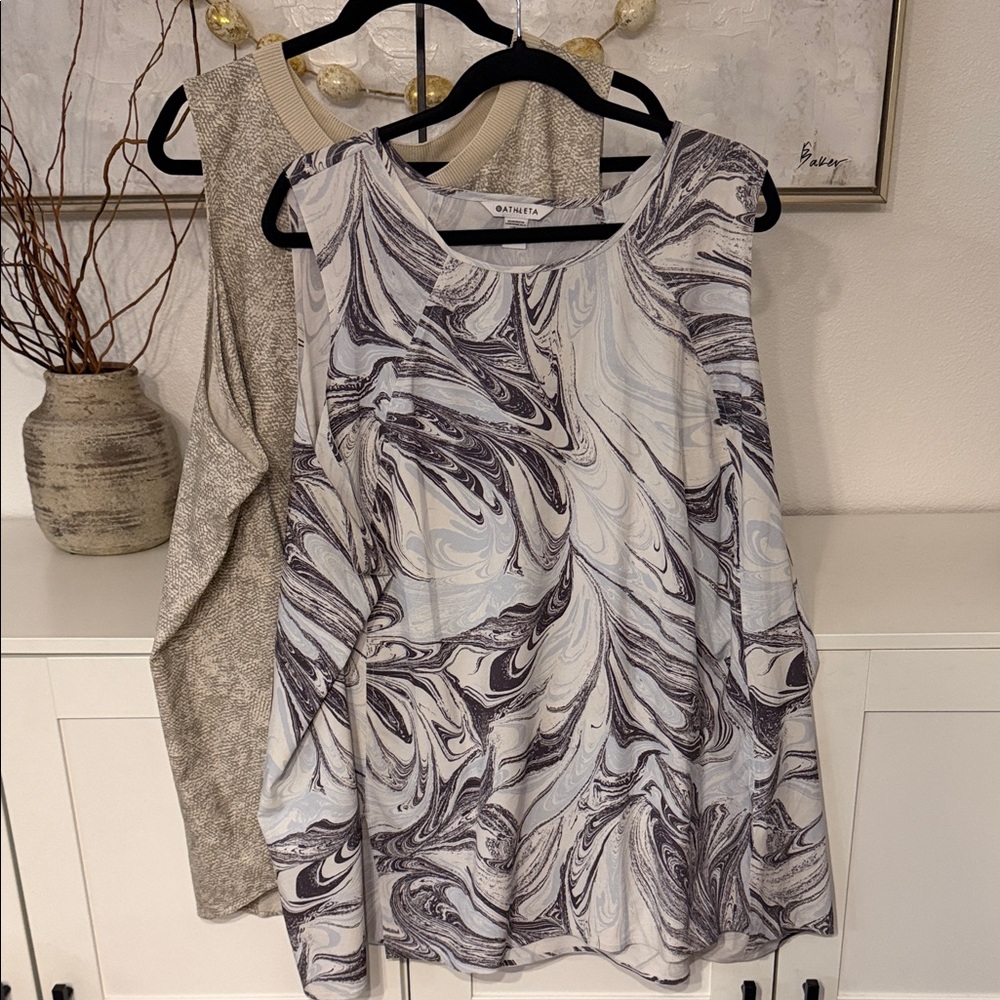 Two Athleta Sleeveless Tanks in Light Blue and Gray & Green and Beige